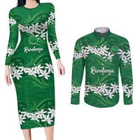 Personalised Cook Islands Rarotonga Couples Matching Long Sleeve Bodycon Dress and Long Sleeve Button Shirt Tiare Maori Polynesian Waves Tattoo LT14 Green - Polynesian Pride