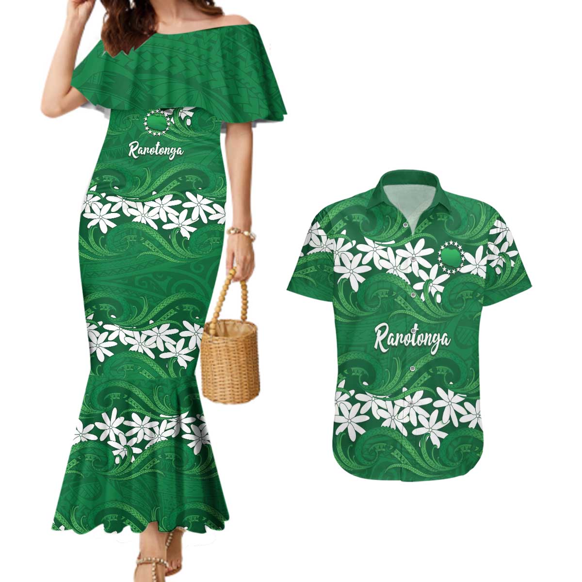 Personalised Cook Islands Rarotonga Couples Matching Mermaid Dress and Hawaiian Shirt Tiare Maori Polynesian Waves Tattoo LT14 Green - Polynesian Pride