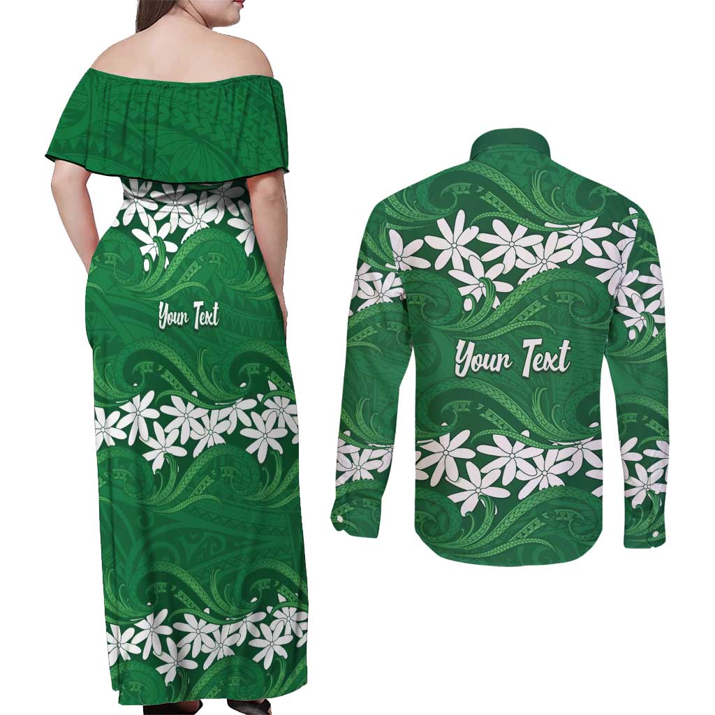 Personalised Cook Islands Rarotonga Couples Matching Off Shoulder Maxi Dress and Long Sleeve Button Shirt Tiare Maori Polynesian Waves Tattoo LT14 - Polynesian Pride