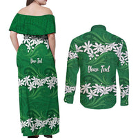 Personalised Cook Islands Rarotonga Couples Matching Off Shoulder Maxi Dress and Long Sleeve Button Shirt Tiare Maori Polynesian Waves Tattoo LT14 - Polynesian Pride