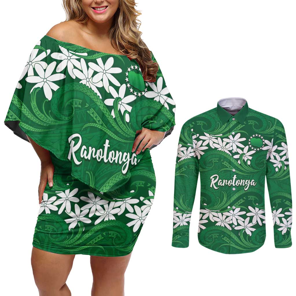 Personalised Cook Islands Rarotonga Couples Matching Off Shoulder Short Dress and Long Sleeve Button Shirt Tiare Maori Polynesian Waves Tattoo LT14 Green - Polynesian Pride