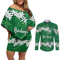 Personalised Cook Islands Rarotonga Couples Matching Off Shoulder Short Dress and Long Sleeve Button Shirt Tiare Maori Polynesian Waves Tattoo LT14 Green - Polynesian Pride