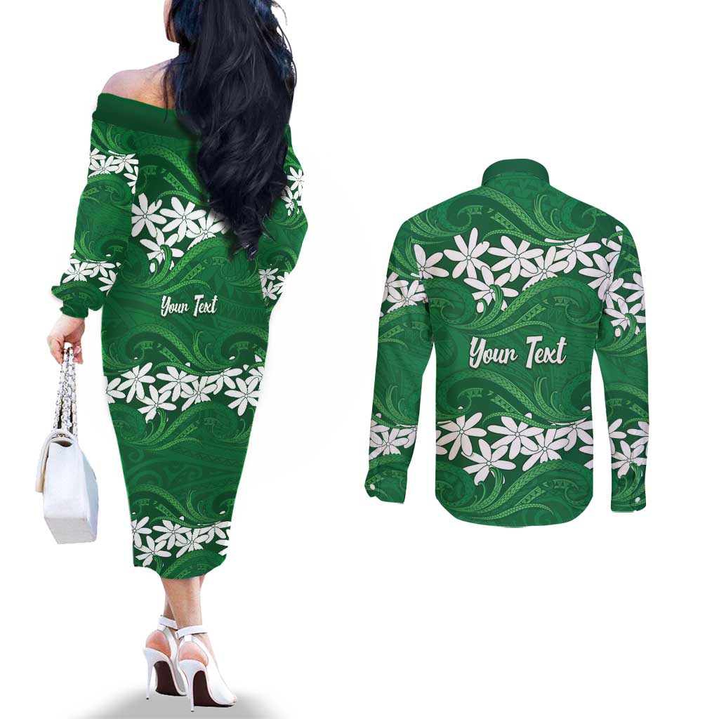 Personalised Cook Islands Rarotonga Couples Matching Off The Shoulder Long Sleeve Dress and Long Sleeve Button Shirt Tiare Maori Polynesian Waves Tattoo LT14 - Polynesian Pride