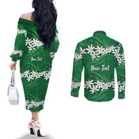 Personalised Cook Islands Rarotonga Couples Matching Off The Shoulder Long Sleeve Dress and Long Sleeve Button Shirt Tiare Maori Polynesian Waves Tattoo LT14 - Polynesian Pride
