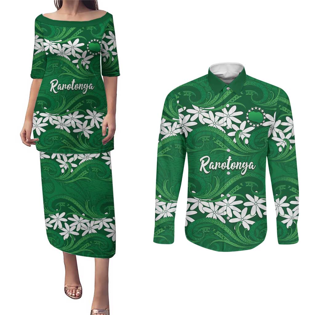 Personalised Cook Islands Rarotonga Couples Matching Puletasi and Long Sleeve Button Shirt Tiare Maori Polynesian Waves Tattoo LT14 Green - Polynesian Pride