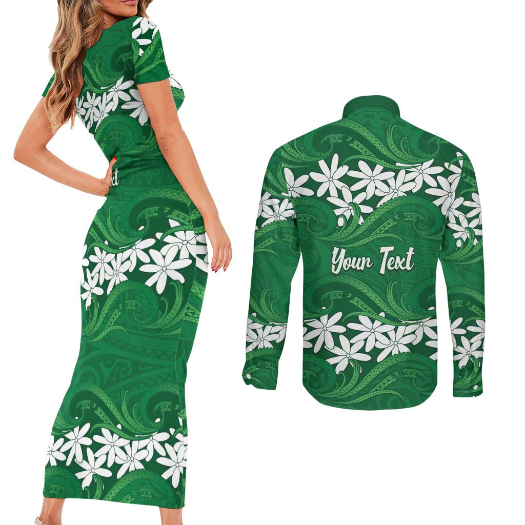 Personalised Cook Islands Rarotonga Couples Matching Short Sleeve Bodycon Dress and Long Sleeve Button Shirt Tiare Maori Polynesian Waves Tattoo LT14 - Polynesian Pride