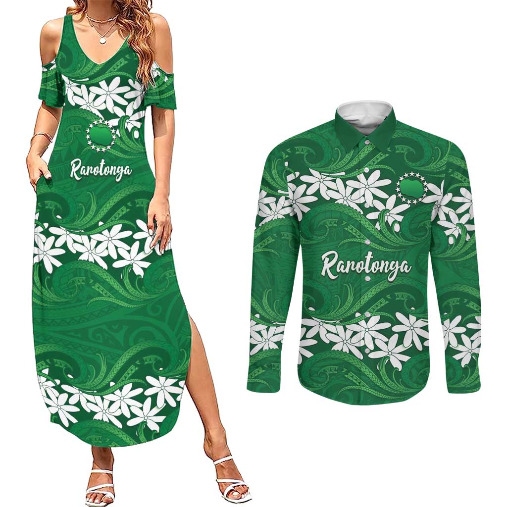 Personalised Cook Islands Rarotonga Couples Matching Summer Maxi Dress and Long Sleeve Button Shirt Tiare Maori Polynesian Waves Tattoo LT14 Green - Polynesian Pride