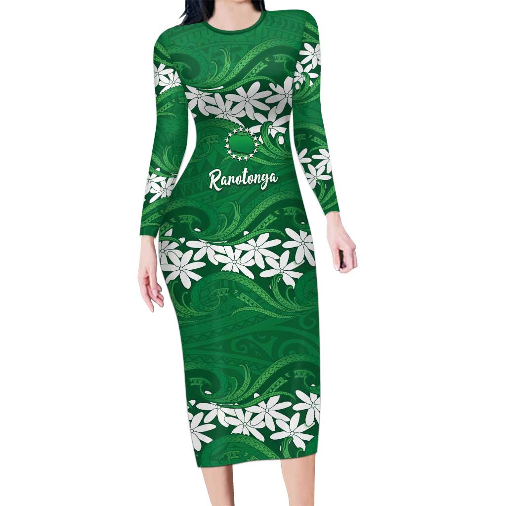 Personalised Cook Islands Rarotonga Family Matching Long Sleeve Bodycon Dress and Hawaiian Shirt Tiare Maori Polynesian Waves Tattoo LT14 Mom's Dress Green - Polynesian Pride