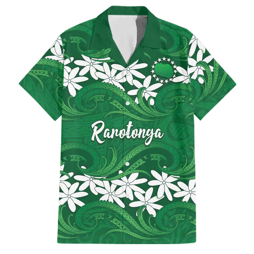 Personalised Cook Islands Rarotonga Family Matching Mermaid Dress and Hawaiian Shirt Tiare Maori Polynesian Waves Tattoo LT14 Dad's Shirt - Short Sleeve Green - Polynesian Pride