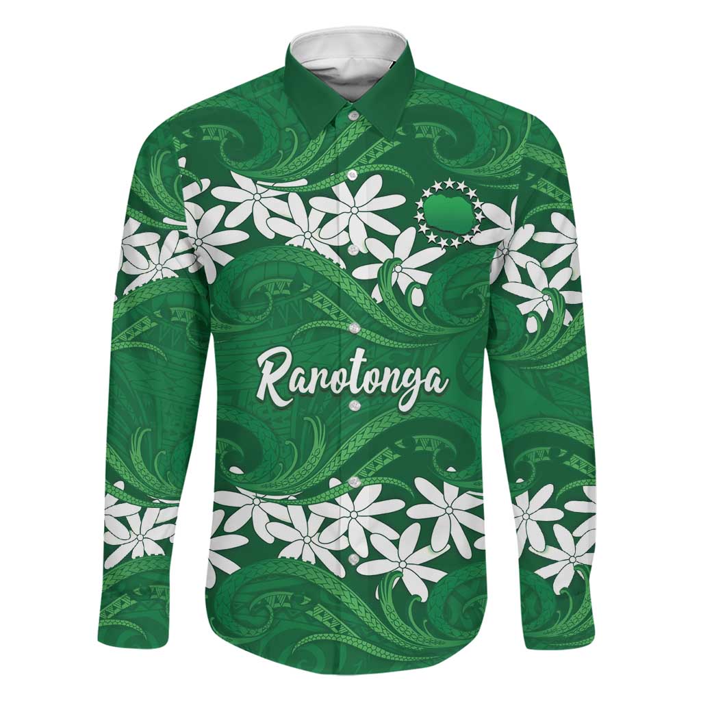 Personalised Cook Islands Rarotonga Family Matching Mermaid Dress and Hawaiian Shirt Tiare Maori Polynesian Waves Tattoo LT14 Dad's Shirt - Long Sleeve Green - Polynesian Pride