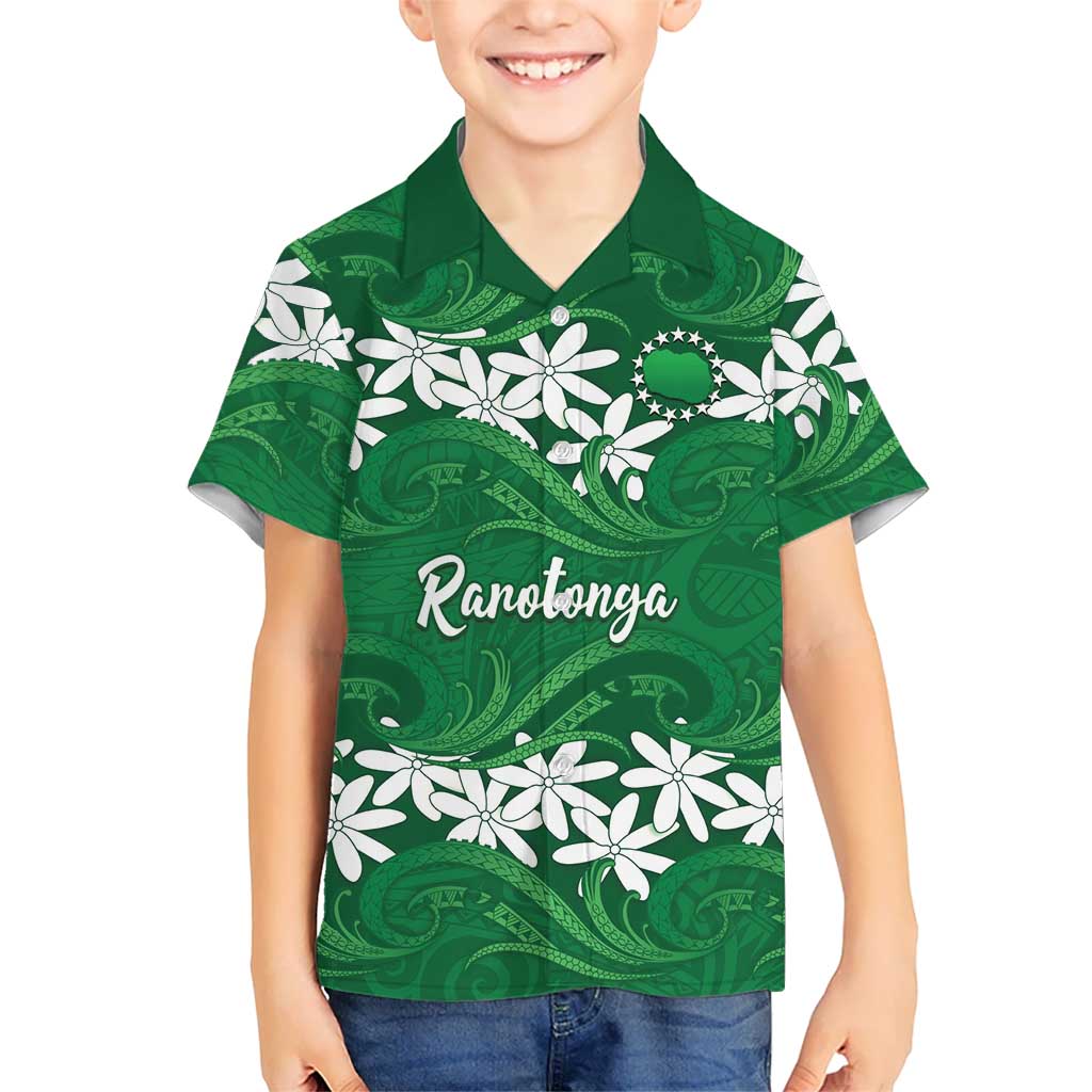 Personalised Cook Islands Rarotonga Family Matching Mermaid Dress and Hawaiian Shirt Tiare Maori Polynesian Waves Tattoo LT14 Son's Shirt Green - Polynesian Pride