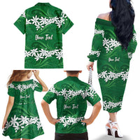 Personalised Cook Islands Rarotonga Family Matching Off The Shoulder Long Sleeve Dress and Hawaiian Shirt Tiare Maori Polynesian Waves Tattoo LT14 - Polynesian Pride