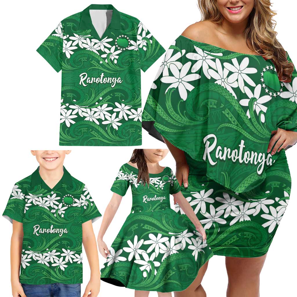 Personalised Cook Islands Rarotonga Family Matching Off Shoulder Short Dress and Hawaiian Shirt Tiare Maori Polynesian Waves Tattoo