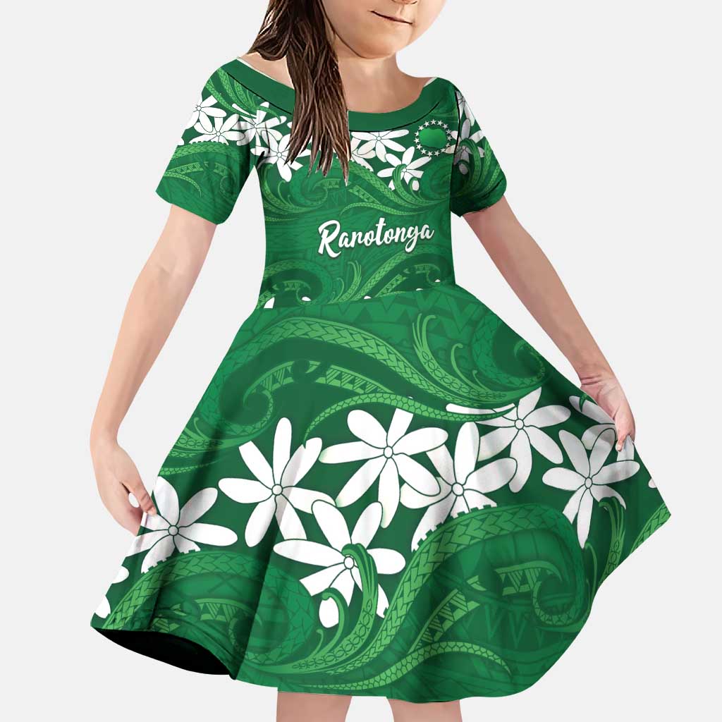 Personalised Cook Islands Rarotonga Family Matching Summer Maxi Dress and Hawaiian Shirt Tiare Maori Polynesian Waves Tattoo LT14 Daughter's Dress Green - Polynesian Pride