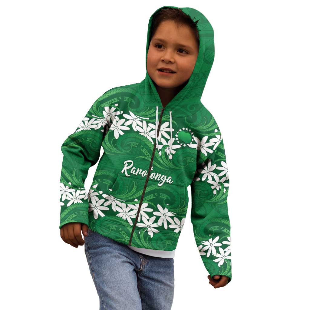Personalised Cook Islands Rarotonga Kid Hoodie Tiare Maori Polynesian Waves Tattoo