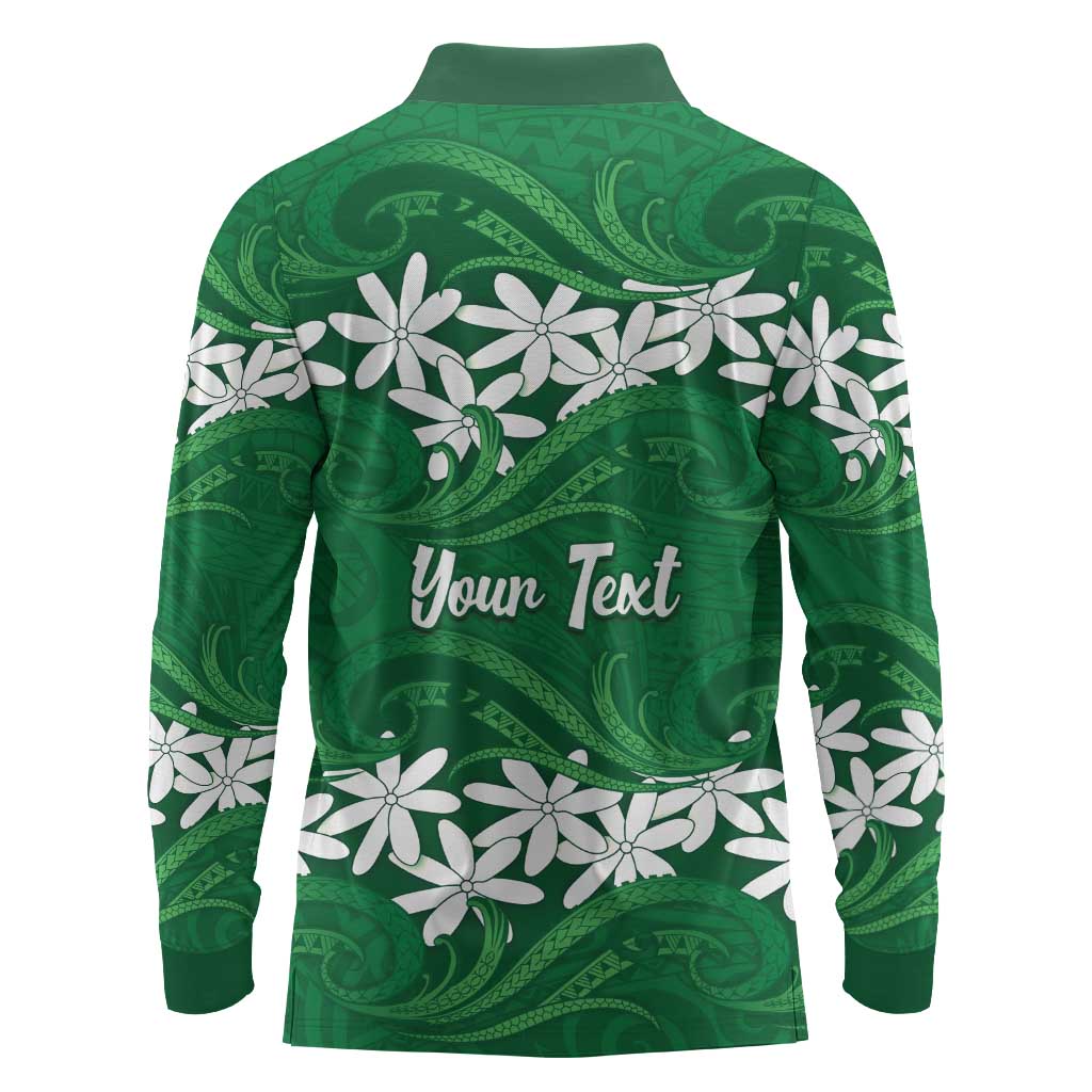 Personalised Cook Islands Rarotonga Long Sleeve Polo Shirt Tiare Maori Polynesian Waves Tattoo