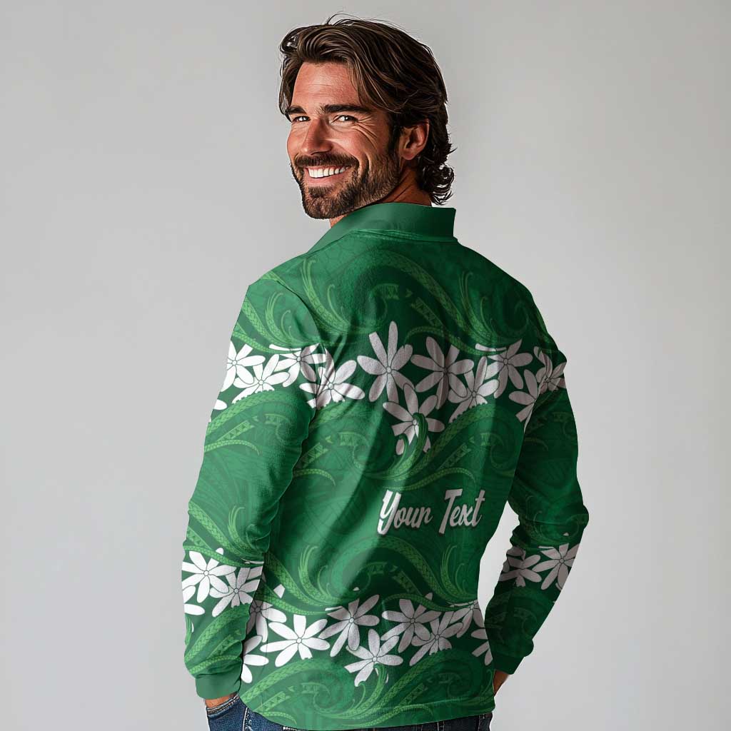 Personalised Cook Islands Rarotonga Long Sleeve Polo Shirt Tiare Maori Polynesian Waves Tattoo