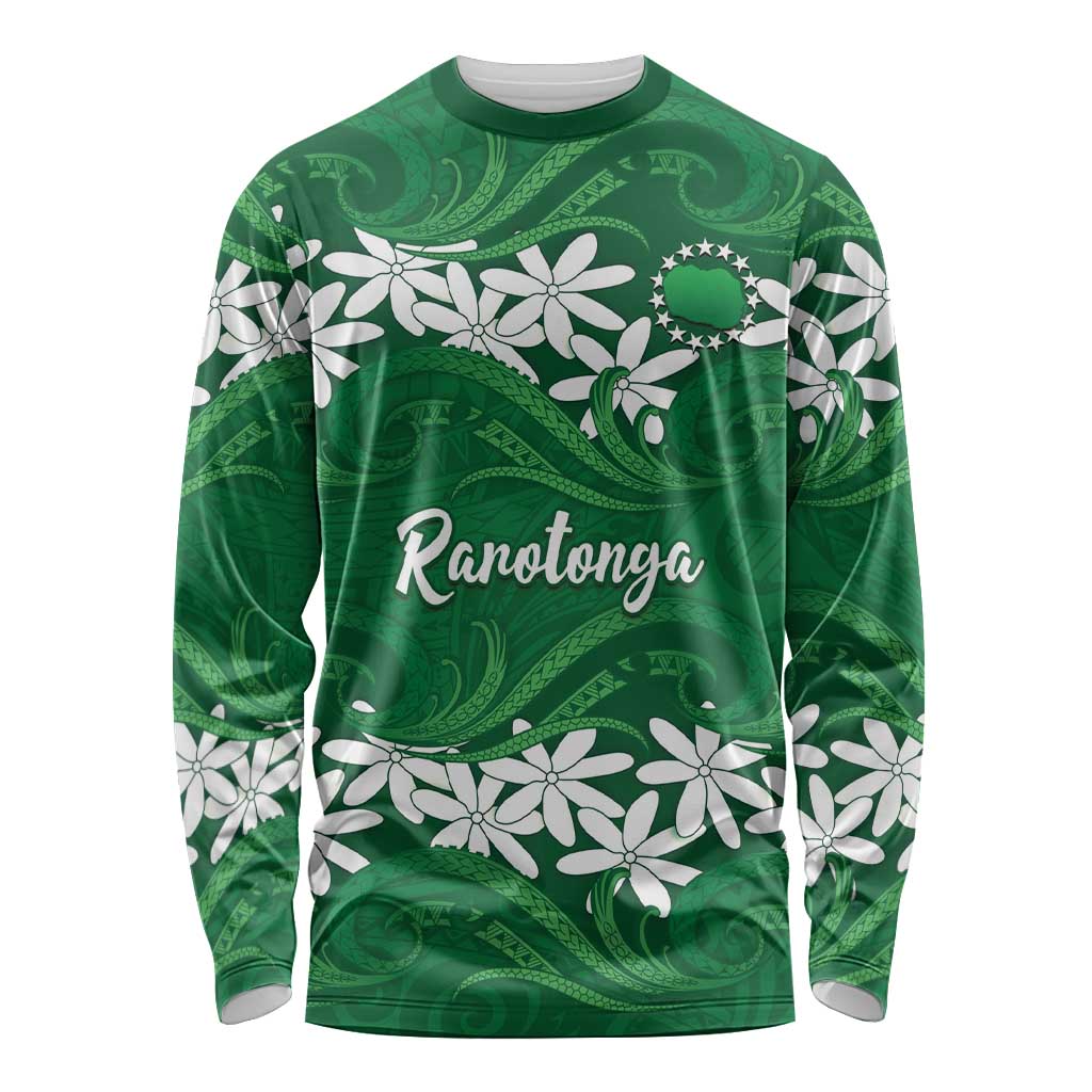 Personalised Cook Islands Rarotonga Long Sleeve Shirt Tiare Maori Polynesian Waves Tattoo
