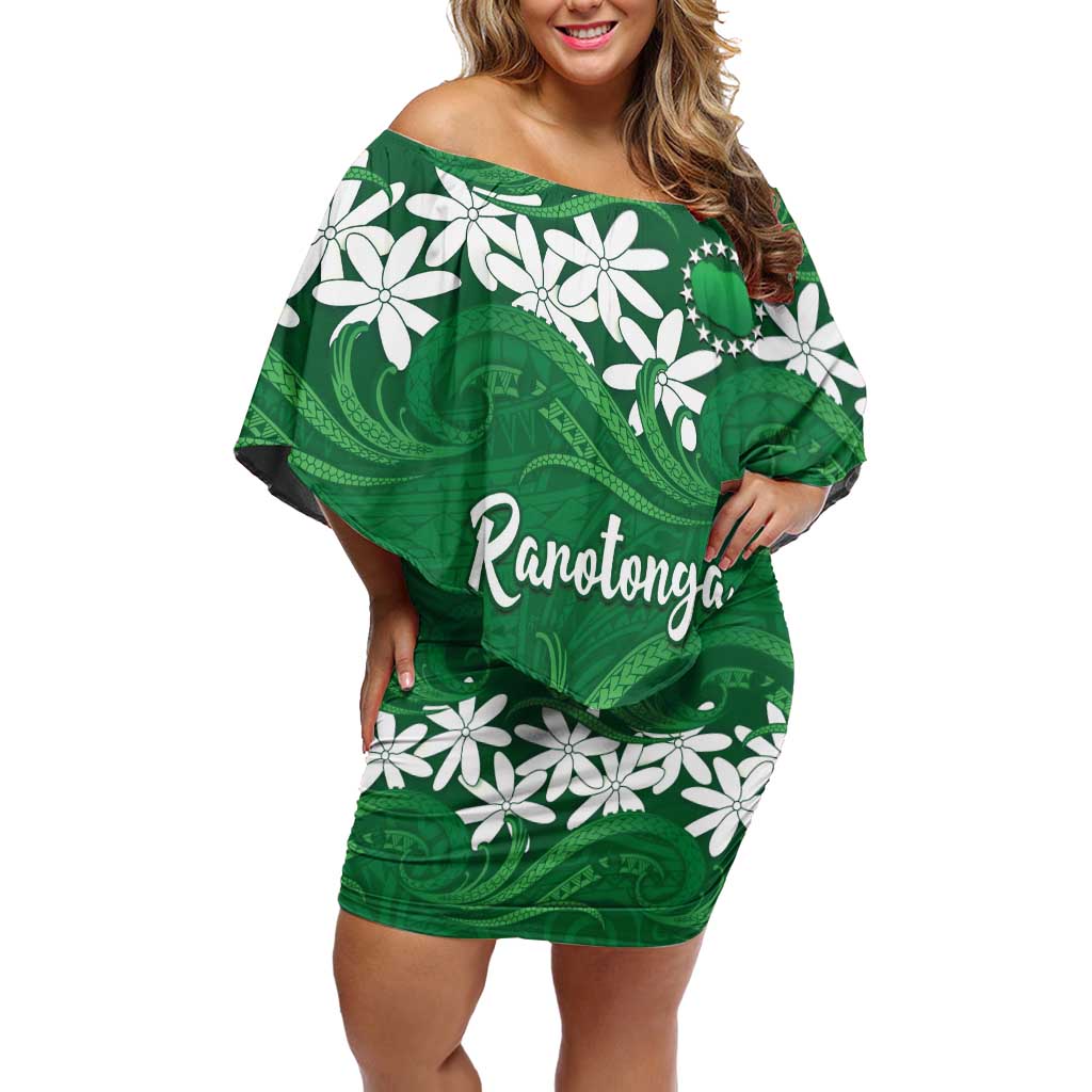 Personalised Cook Islands Rarotonga Off Shoulder Short Dress Tiare Maori Polynesian Waves Tattoo