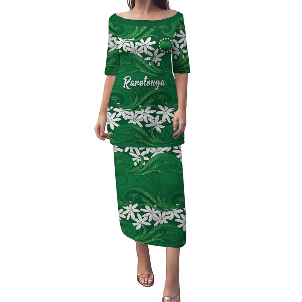Personalised Cook Islands Rarotonga Puletasi Tiare Maori Polynesian Waves Tattoo LT14 Long Dress Green - Polynesian Pride