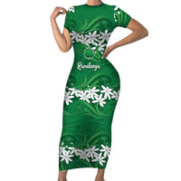 Personalised Cook Islands Rarotonga Short Sleeve Bodycon Dress Tiare Maori Polynesian Waves Tattoo LT14 Long Dress Green - Polynesian Pride
