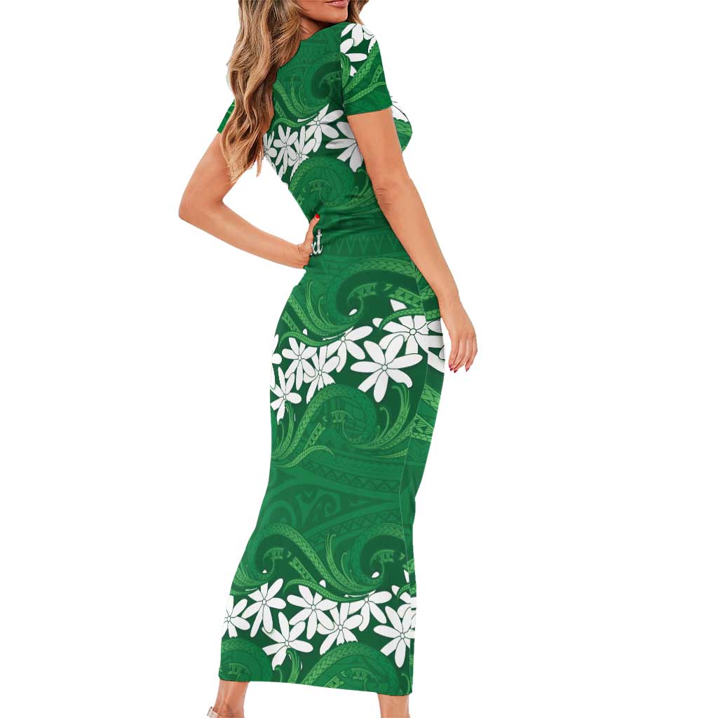 Personalised Cook Islands Rarotonga Short Sleeve Bodycon Dress Tiare Maori Polynesian Waves Tattoo LT14 - Polynesian Pride