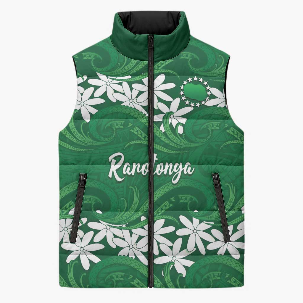 Personalised Cook Islands Rarotonga Sleeveless Puffer Jacket Tiare Maori Polynesian Waves Tattoo