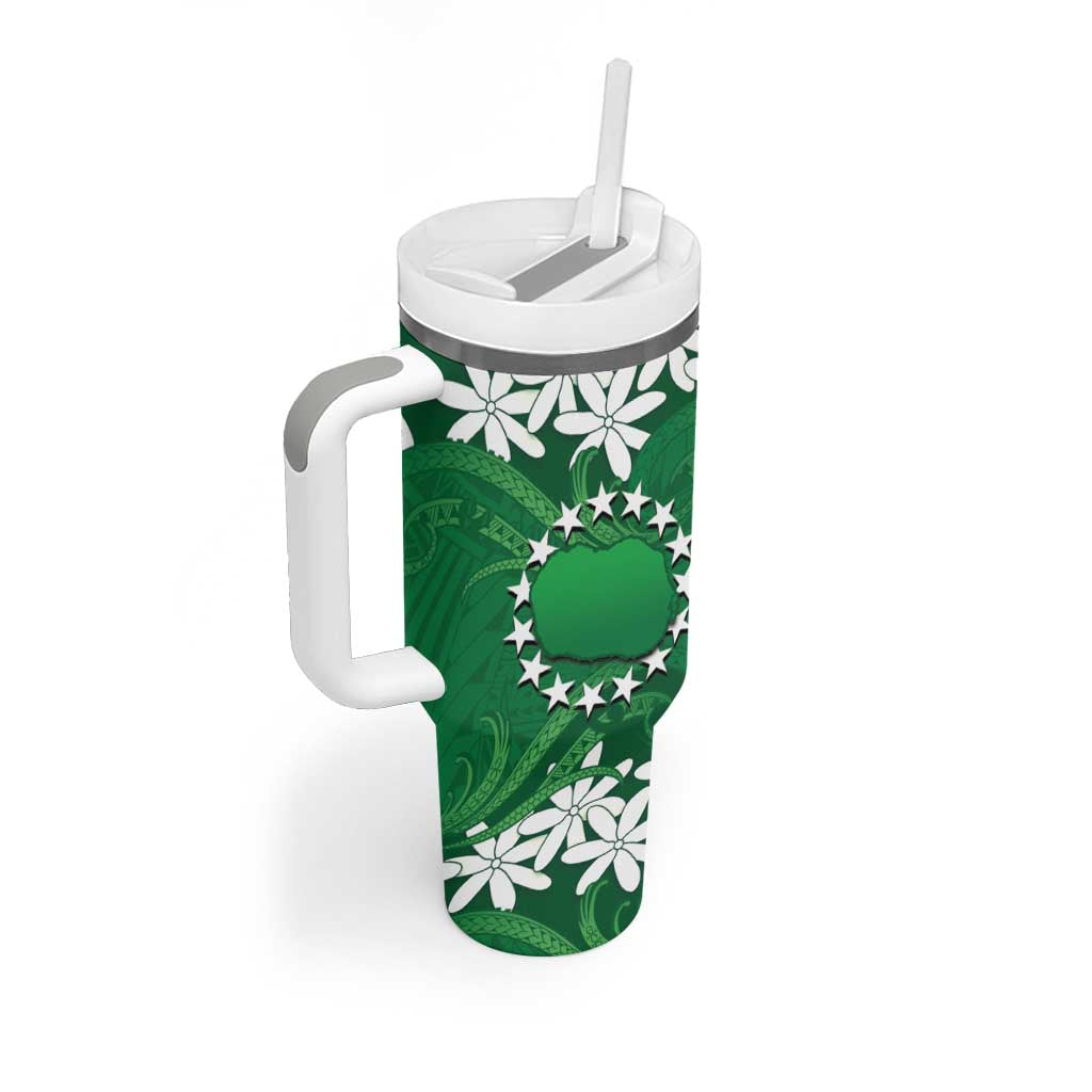 Personalised Cook Islands Rarotonga Tumbler With Handle Tiare Maori Polynesian Waves Tattoo
