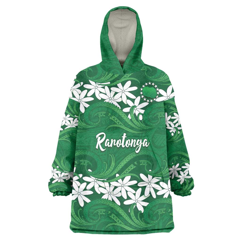 Personalised Cook Islands Rarotonga Wearable Blanket Hoodie Tiare Maori Polynesian Waves Tattoo LT14 One Size Green - Polynesian Pride