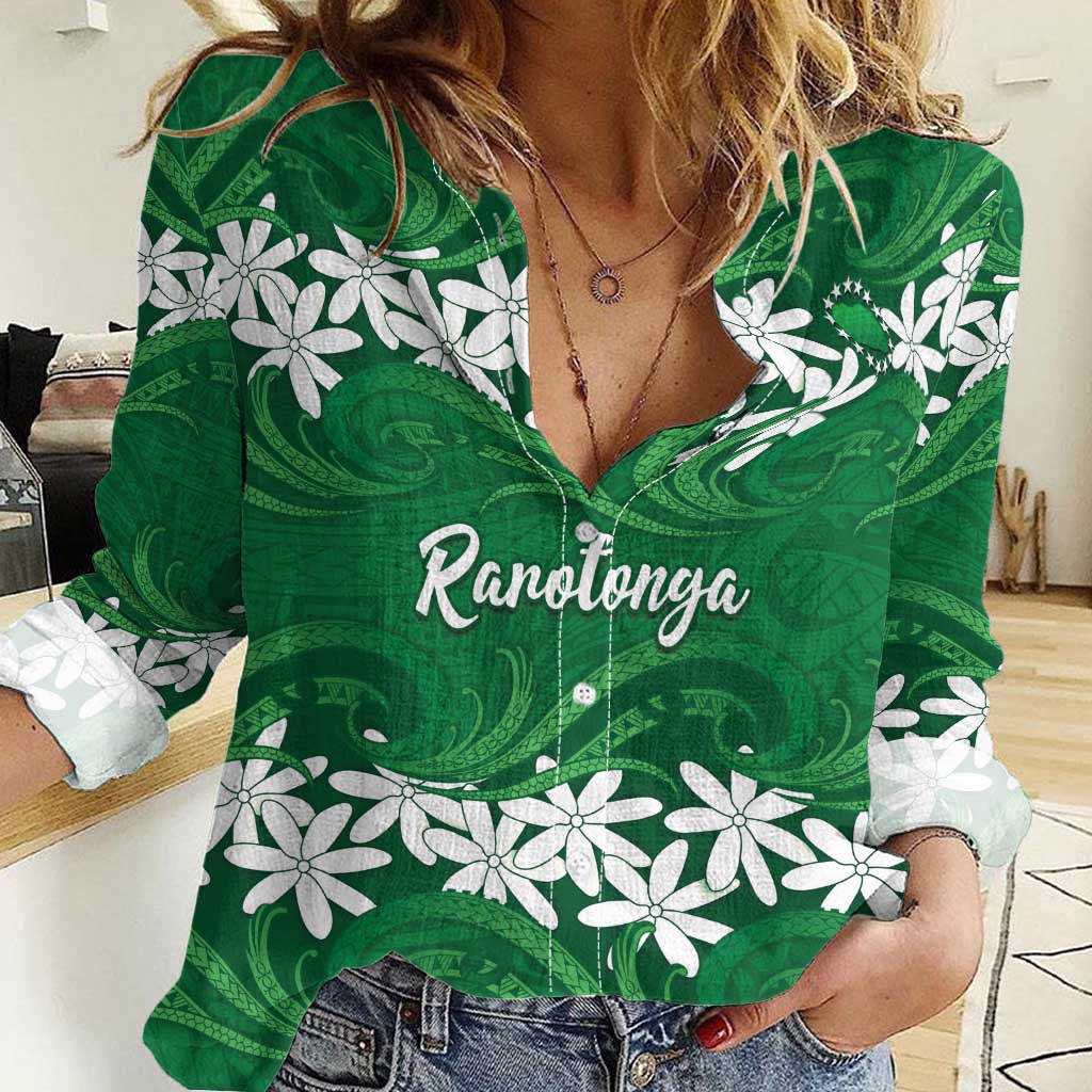 Personalised Cook Islands Rarotonga Women Casual Shirt Tiare Maori Polynesian Waves Tattoo LT14 Female Green - Polynesian Pride