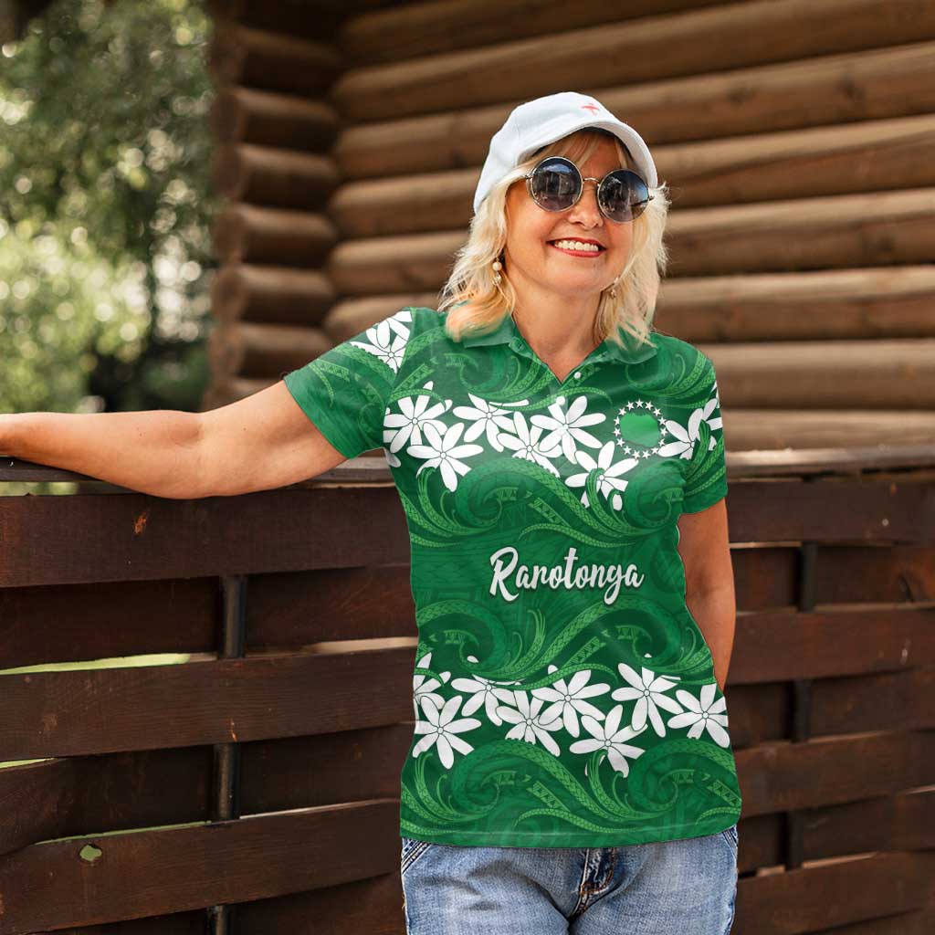 Personalised Cook Islands Rarotonga Women Polo Shirt Tiare Maori Polynesian Waves Tattoo LT14 - Polynesian Pride
