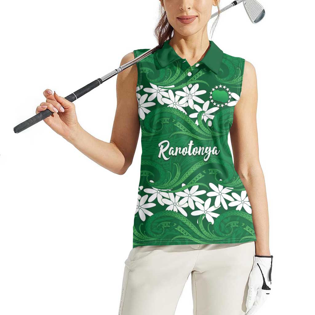 Personalised Cook Islands Rarotonga Women Sleeveless Polo Shirt Tiare Maori Polynesian Waves Tattoo LT14 - Polynesian Pride