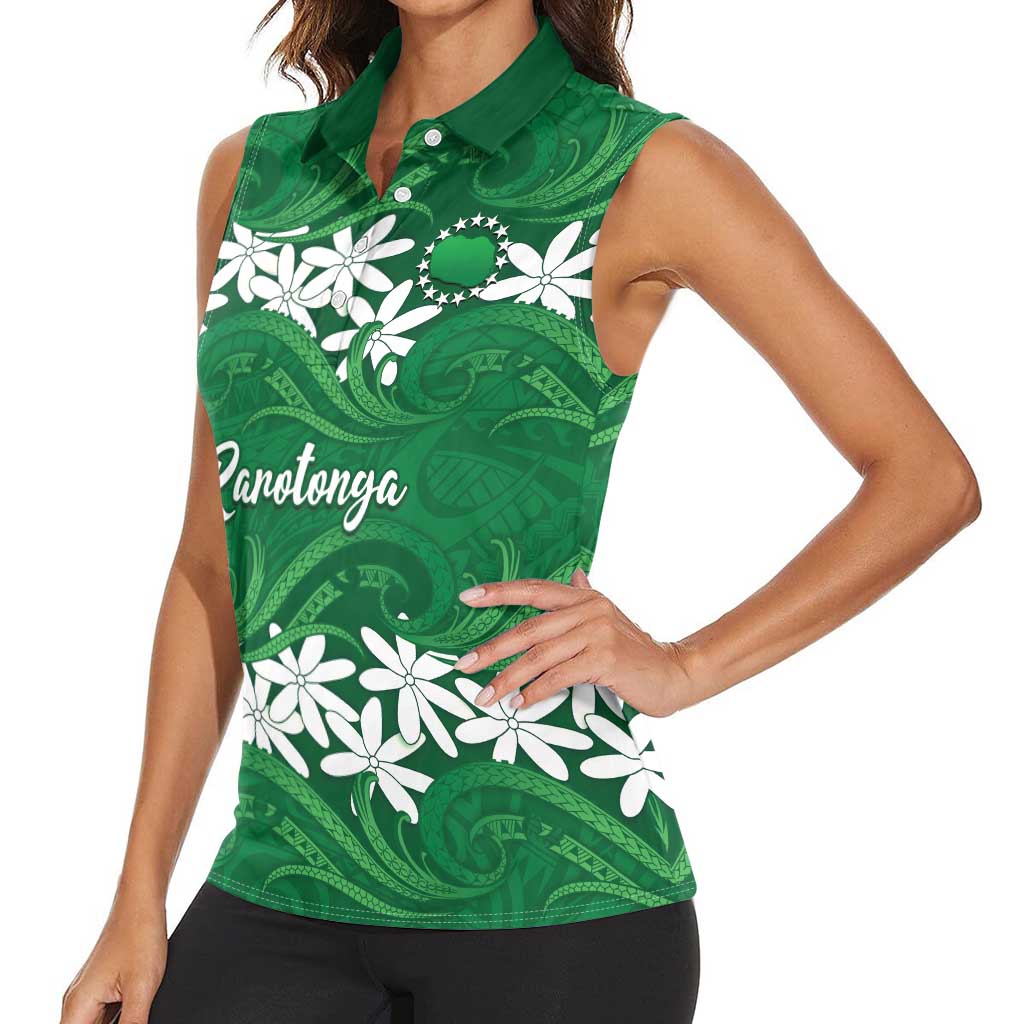 Personalised Cook Islands Rarotonga Women Sleeveless Polo Shirt Tiare Maori Polynesian Waves Tattoo LT14 - Polynesian Pride