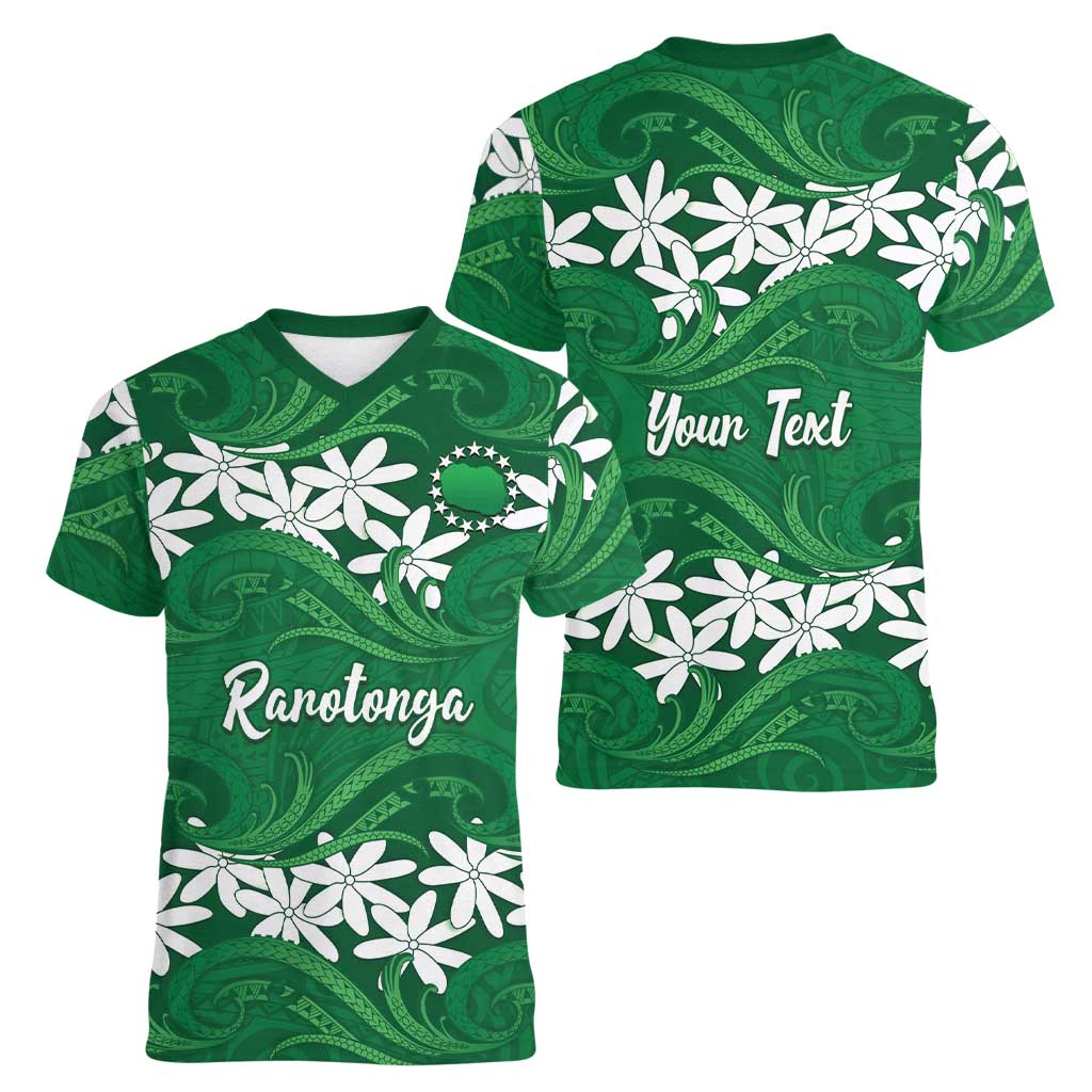 Personalised Cook Islands Rarotonga Women V-Neck T-Shirt Tiare Maori Polynesian Waves Tattoo LT14 - Polynesian Pride