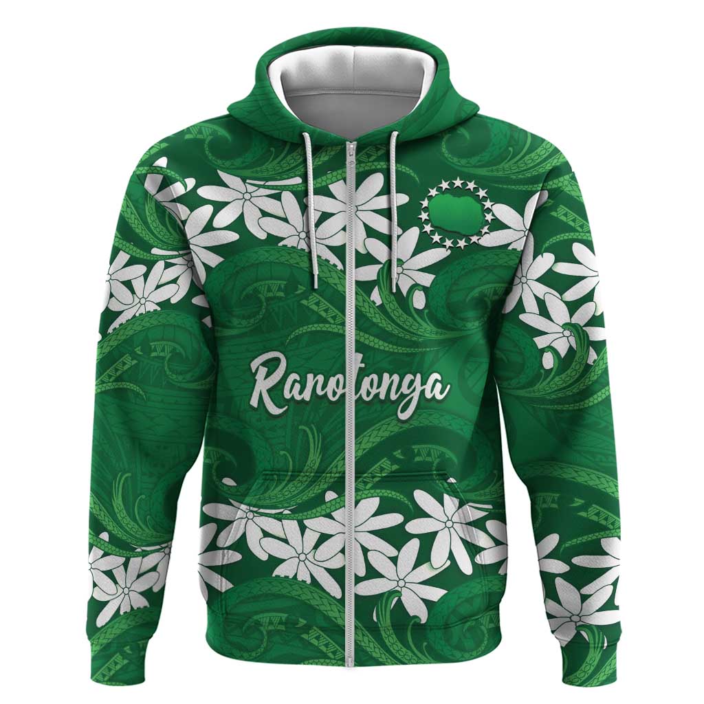 Personalised Cook Islands Rarotonga Zip Hoodie Tiare Maori Polynesian Waves Tattoo