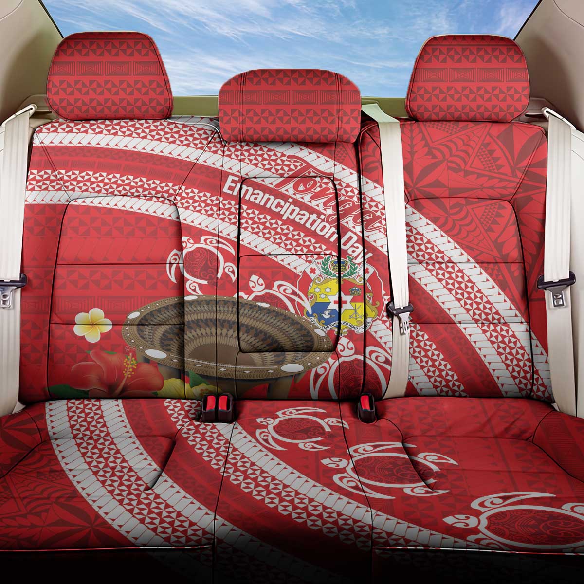 Kingdom Of Tonga Emancipation Day Back Car Seat Cover Tongan Ngatu With Kumete Red LT14 One Size Red - Polynesian Pride