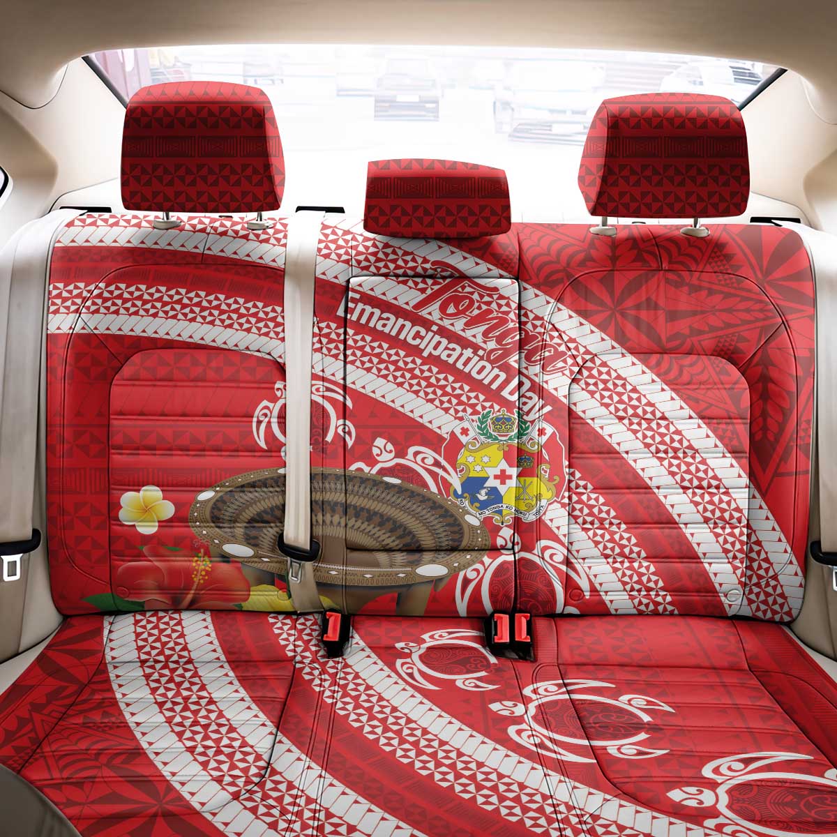 Kingdom Of Tonga Emancipation Day Back Car Seat Cover Tongan Ngatu With Kumete Red LT14 - Polynesian Pride