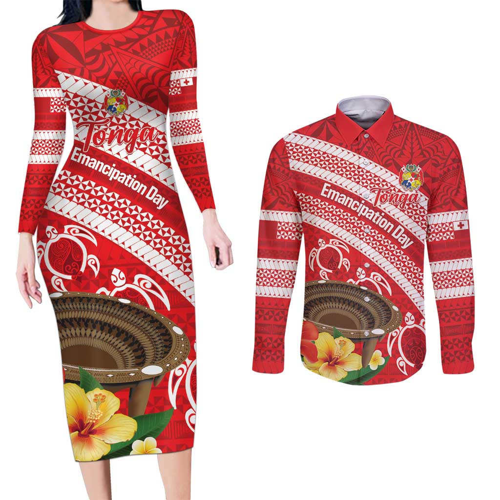 Kingdom Of Tonga Emancipation Day Couples Matching Long Sleeve Bodycon Dress and Long Sleeve Button Shirt Tongan Ngatu With Kumete Red LT14 Red - Polynesian Pride
