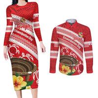 Kingdom Of Tonga Emancipation Day Couples Matching Long Sleeve Bodycon Dress and Long Sleeve Button Shirt Tongan Ngatu With Kumete Red LT14 Red - Polynesian Pride