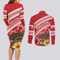 Kingdom Of Tonga Emancipation Day Couples Matching Long Sleeve Bodycon Dress and Long Sleeve Button Shirt Tongan Ngatu With Kumete Red LT14 - Polynesian Pride