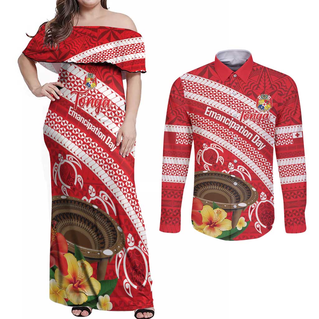 Kingdom Of Tonga Emancipation Day Couples Matching Off Shoulder Maxi Dress and Long Sleeve Button Shirt Tongan Ngatu With Kumete Red LT14 Red - Polynesian Pride