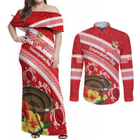 Kingdom Of Tonga Emancipation Day Couples Matching Off Shoulder Maxi Dress and Long Sleeve Button Shirt Tongan Ngatu With Kumete Red LT14 Red - Polynesian Pride