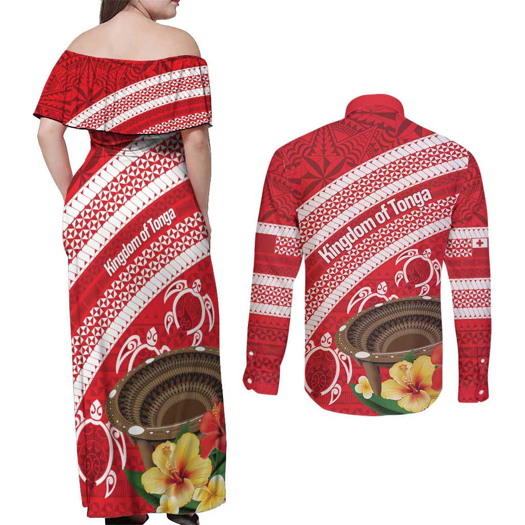 Kingdom Of Tonga Emancipation Day Couples Matching Off Shoulder Maxi Dress and Long Sleeve Button Shirt Tongan Ngatu With Kumete Red LT14 - Polynesian Pride