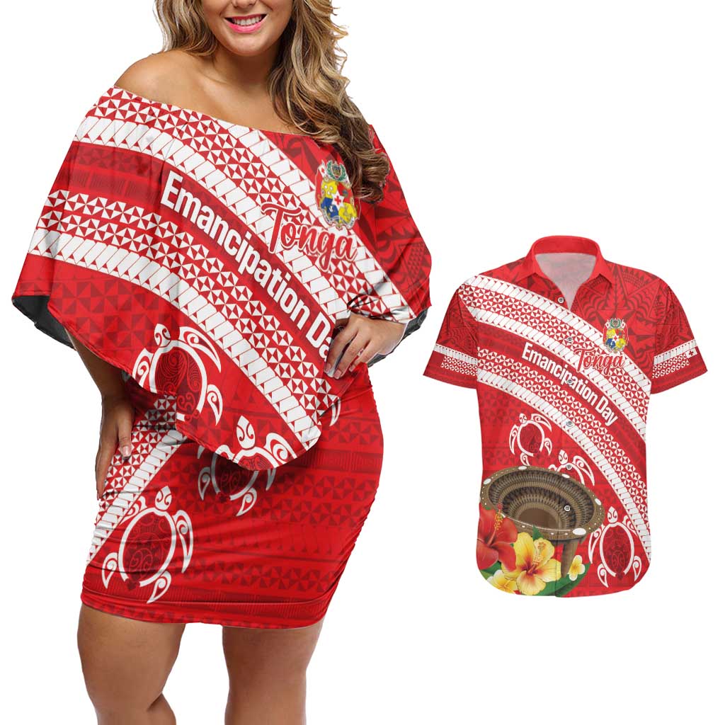 Kingdom Of Tonga Emancipation Day Couples Matching Off Shoulder Short Dress and Hawaiian Shirt Tongan Ngatu With Kumete Red LT14 Red - Polynesian Pride