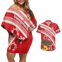 Kingdom Of Tonga Emancipation Day Couples Matching Off Shoulder Short Dress and Hawaiian Shirt Tongan Ngatu With Kumete Red LT14 Red - Polynesian Pride