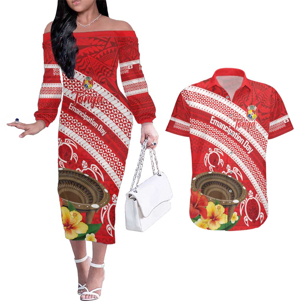 Kingdom Of Tonga Emancipation Day Couples Matching Off The Shoulder Long Sleeve Dress and Hawaiian Shirt Tongan Ngatu With Kumete Red LT14 Red - Polynesian Pride