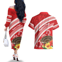 Kingdom Of Tonga Emancipation Day Couples Matching Off The Shoulder Long Sleeve Dress and Hawaiian Shirt Tongan Ngatu With Kumete Red LT14 - Polynesian Pride