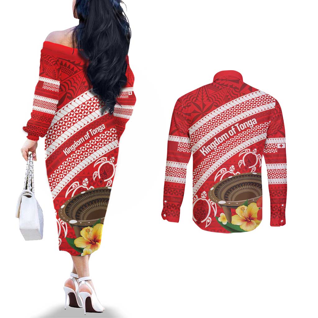 Kingdom Of Tonga Emancipation Day Couples Matching Off The Shoulder Long Sleeve Dress and Long Sleeve Button Shirt Tongan Ngatu With Kumete Red LT14 - Polynesian Pride