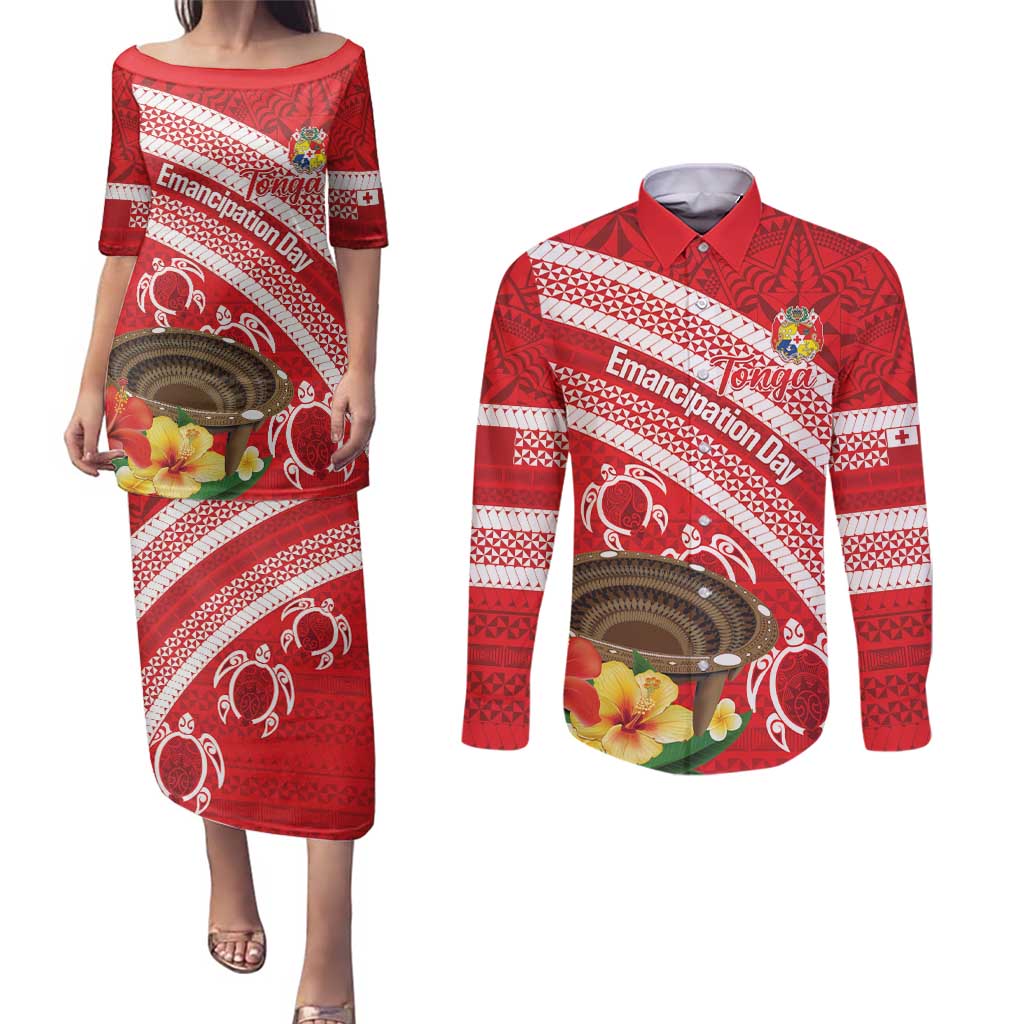 Kingdom Of Tonga Emancipation Day Couples Matching Puletasi and Long Sleeve Button Shirt Tongan Ngatu With Kumete Red LT14 Red - Polynesian Pride