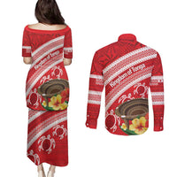 Kingdom Of Tonga Emancipation Day Couples Matching Puletasi and Long Sleeve Button Shirt Tongan Ngatu With Kumete Red LT14 - Polynesian Pride